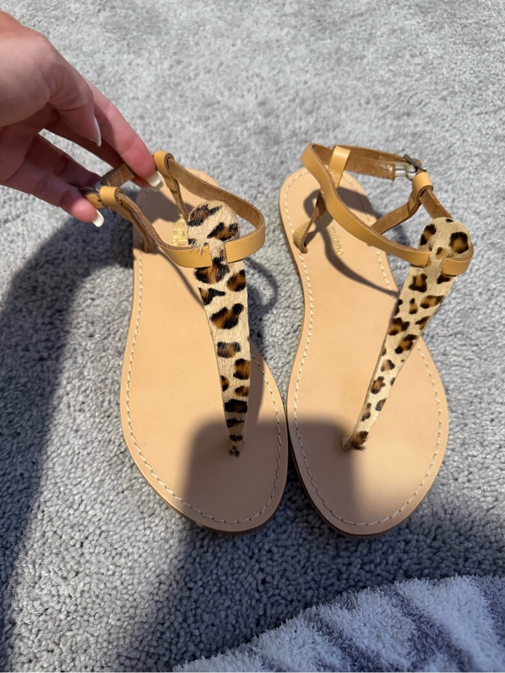 Leopard Print T-Strap Sandals in Tan